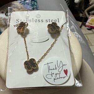 Gold-Tone Clover Necklace Set with Striped Inlay - Stainless Steel